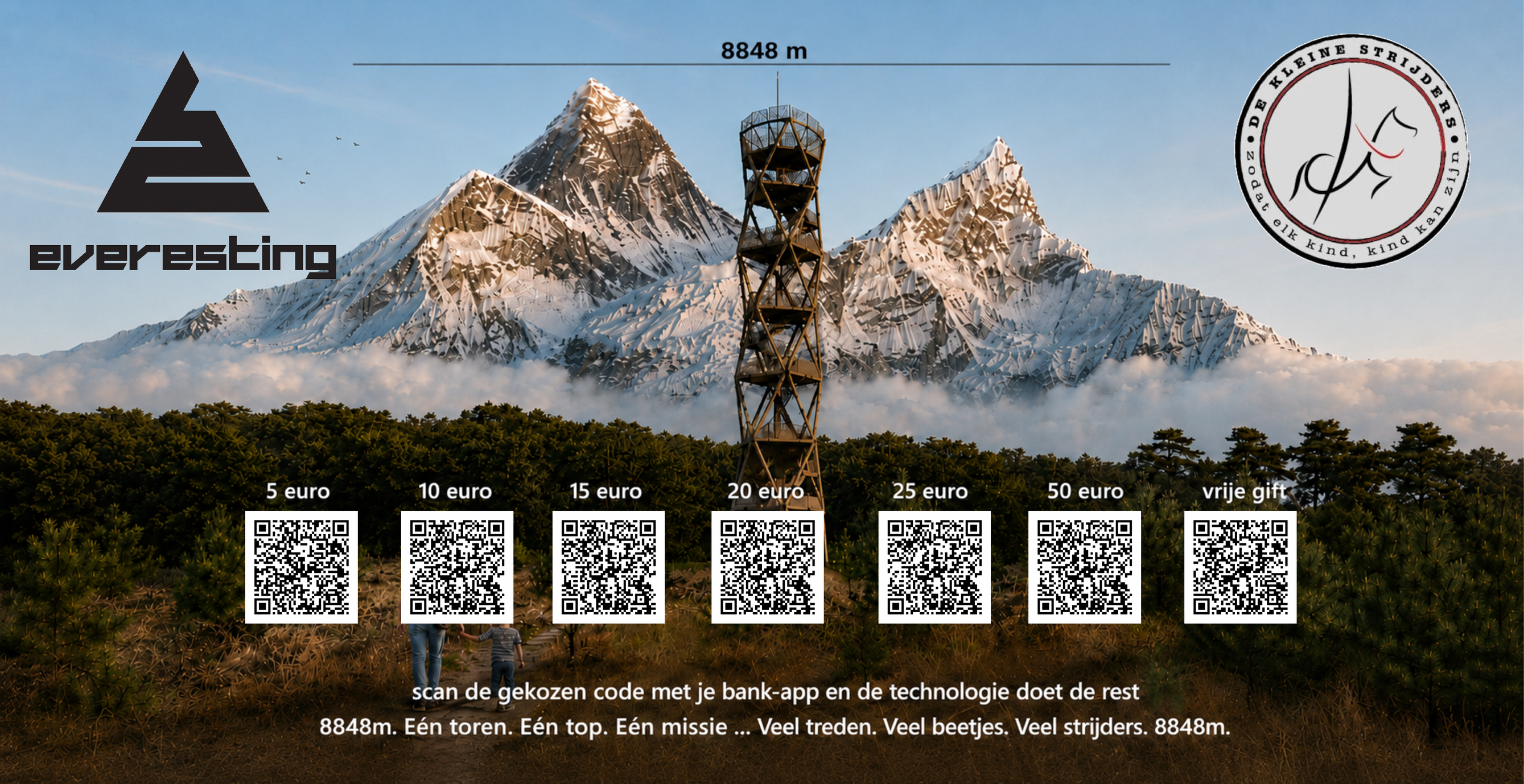EVERESTING-affiche met de brandtoren voor een berglandschap, zeven betaal-QR-codes en de logo's van Everesting en Stichting De Kleine Strijders.